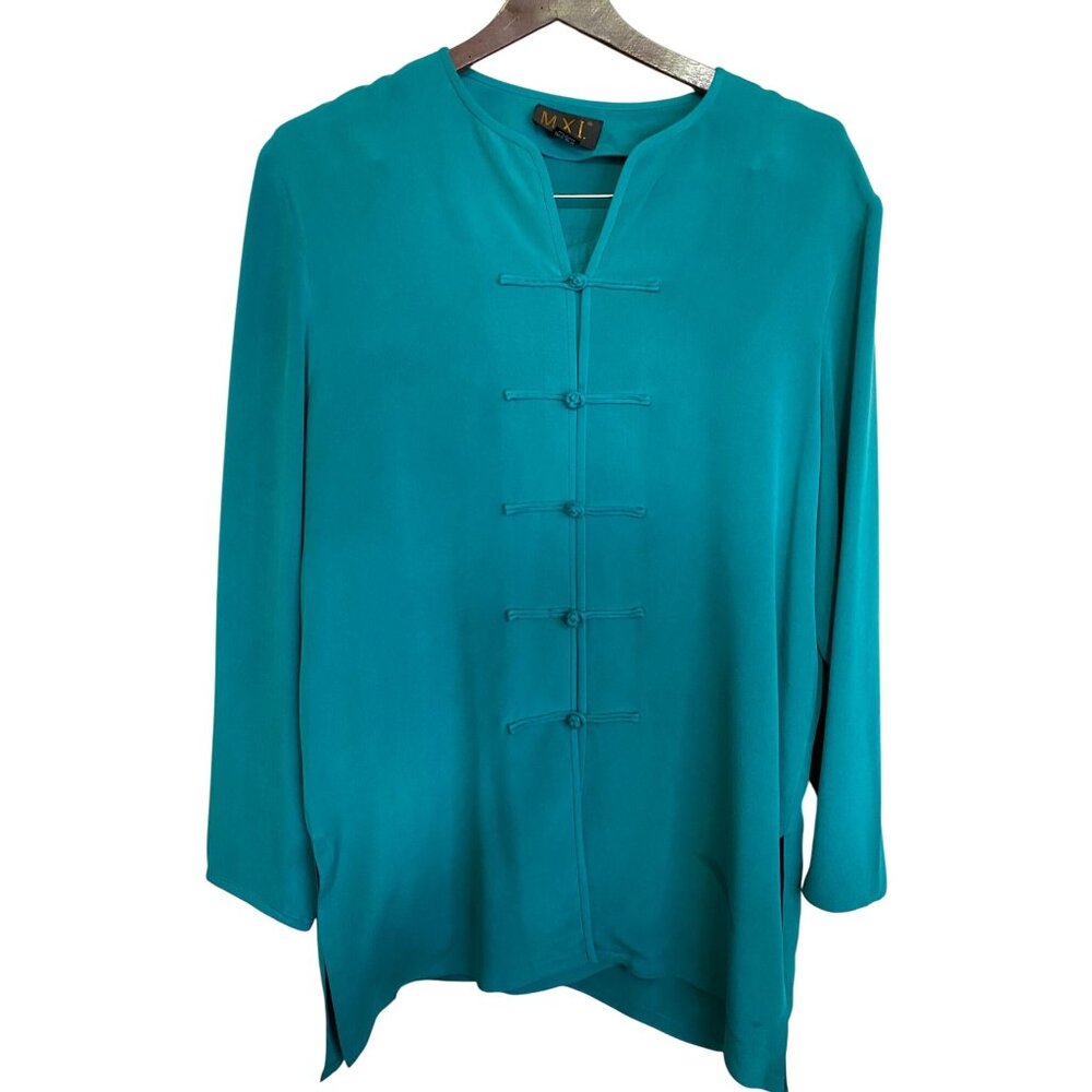 M.X.I 2-Piece Vintage Womens Teal Top and Skirt Set Size 12 Silk Quiet Luxury